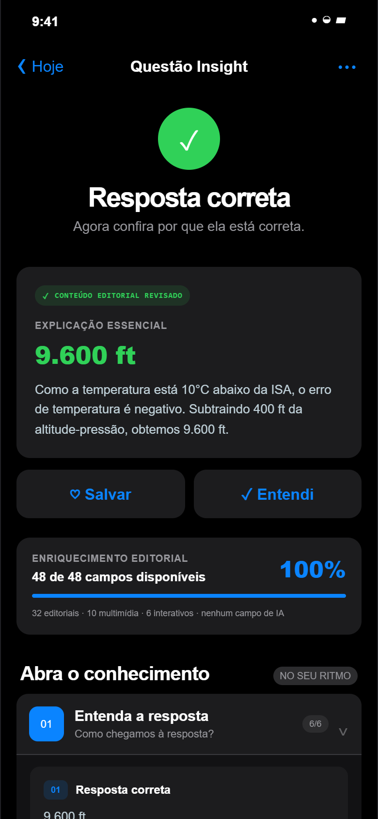 Tela do ALLY INSIGHT após uma resposta correta